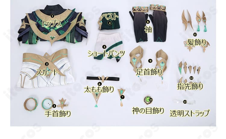 原神 ネフェル コスプレのセット内容一覧。トップスから髪飾り・神の目までのフルセット