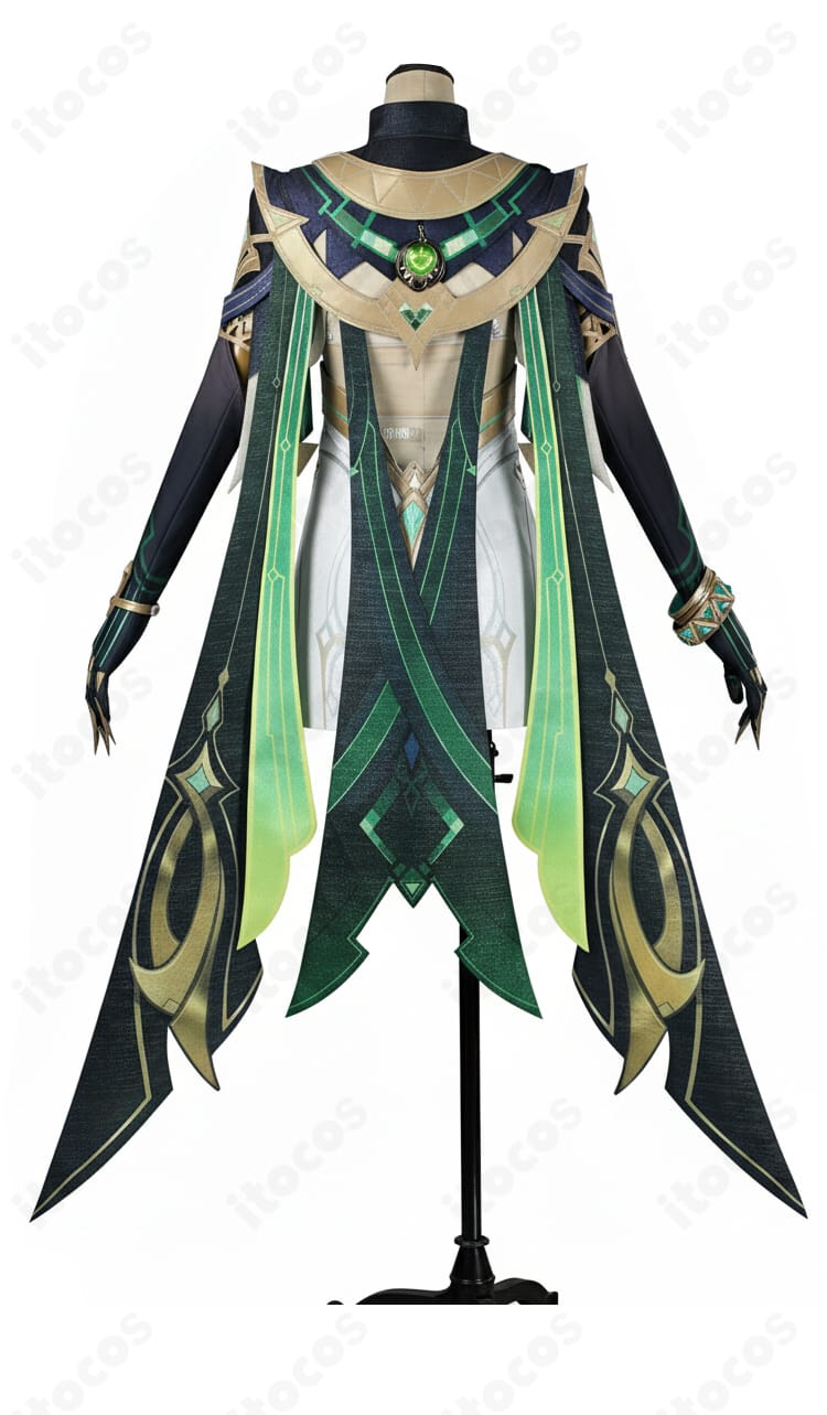 原神 ネフェル コスプレの背面全体。背飾と裾の動きが分かる後ろ姿の再現デザイン