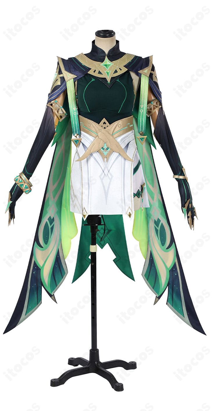 原神 ネフェル 通常衣装コスプレの正面全体。色分割と装飾配置を忠実に再現したデザイン