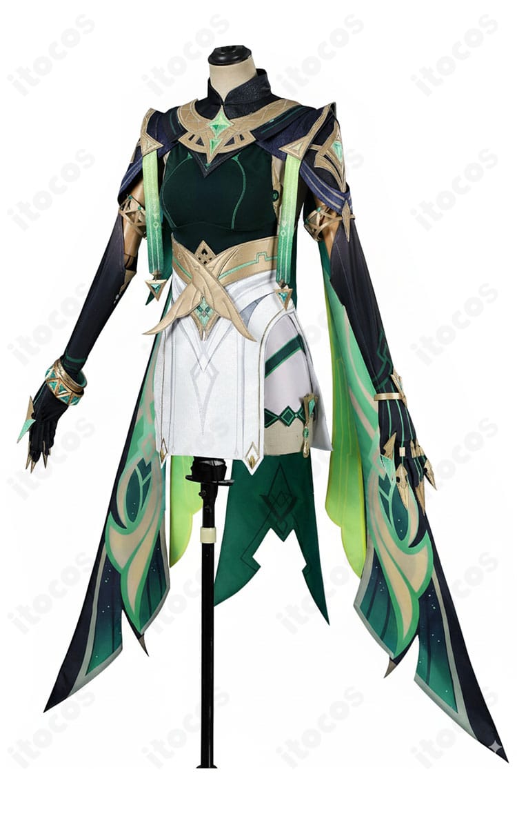 原神 ネフェル コスプレの側面ショット。ウエストラインと袖・腰飾りの立体シルエットを確認可能