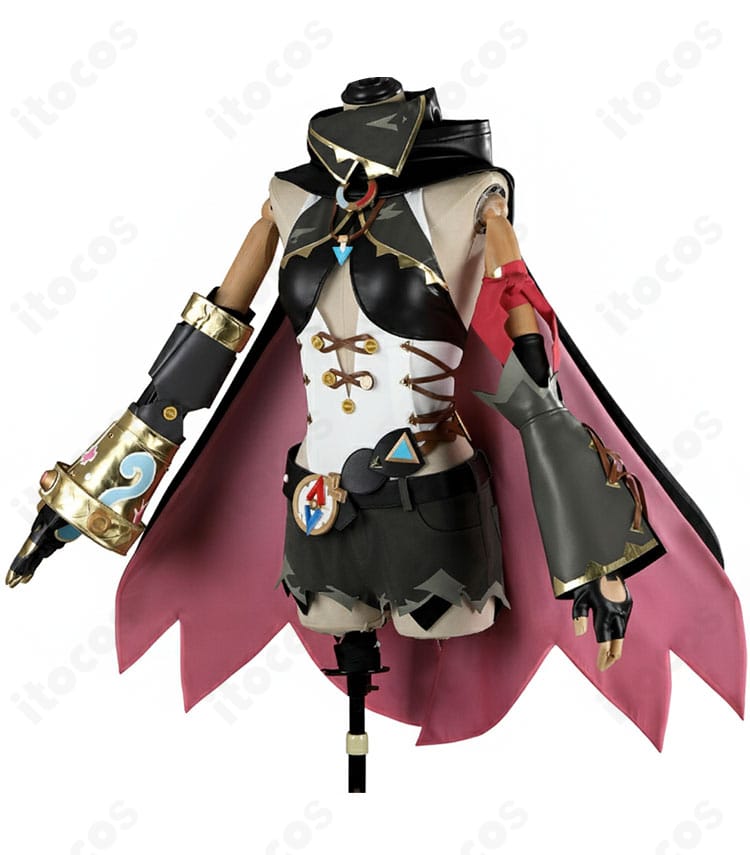 原神 ヤフォダ コスプレ衣装の側面全体。手甲とベルト位置のバランスを確認可能