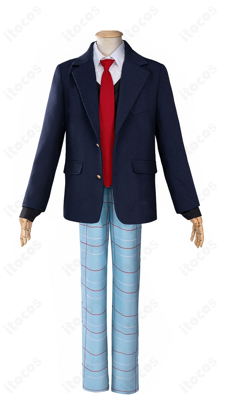 五条新菜 学園制服コスプレ衣装の正面全身写真。ジャケットの丈感、ネクタイ幅、パンツのストレートラインが確認できるカット。