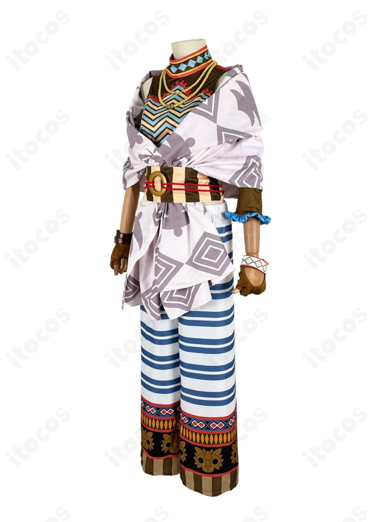 商品左側画像｜レオナ 百獣の装束 コスプレ衣装の左側シルエット。装飾配置とドレープ感を確認できる横位置写真