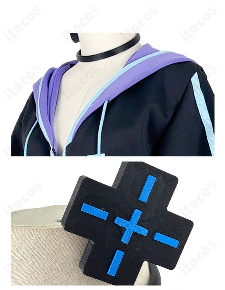 ネプテューヌ（大人）衣装の襟元と髪飾りディテール。チョーカーと髪飾りの配色・金具の質感を忠実に再現。