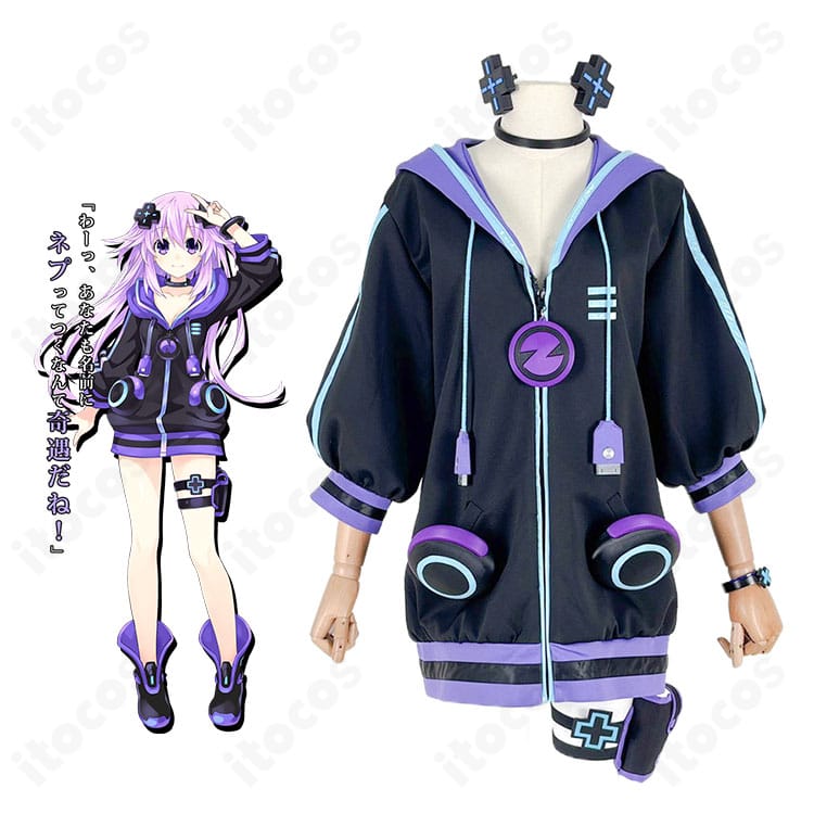 超次元ゲイム ネプテューヌ 大人ネプテューヌのコスプレ衣装と着用イメージ。イベントやスタジオ撮影に適したロングコートのクールなスタイル。