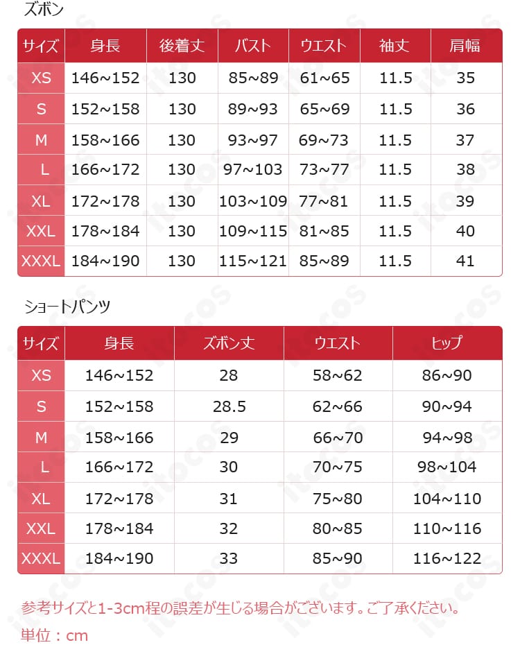 サイズ表示イメージ。アグネス・ミデル 緑ドレス衣装のXS〜XXXLまでのサイズ展開を案内