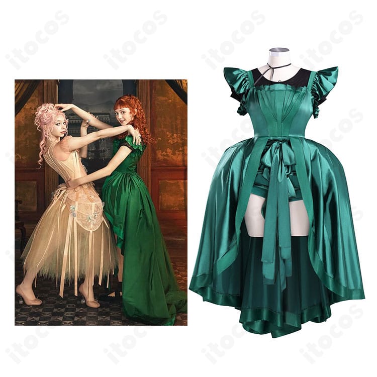 商品イメージ｜ウェンズデー登場キャラクター・アグネス・ミデルの緑ドレス衣装とキャラクターイメージの並び