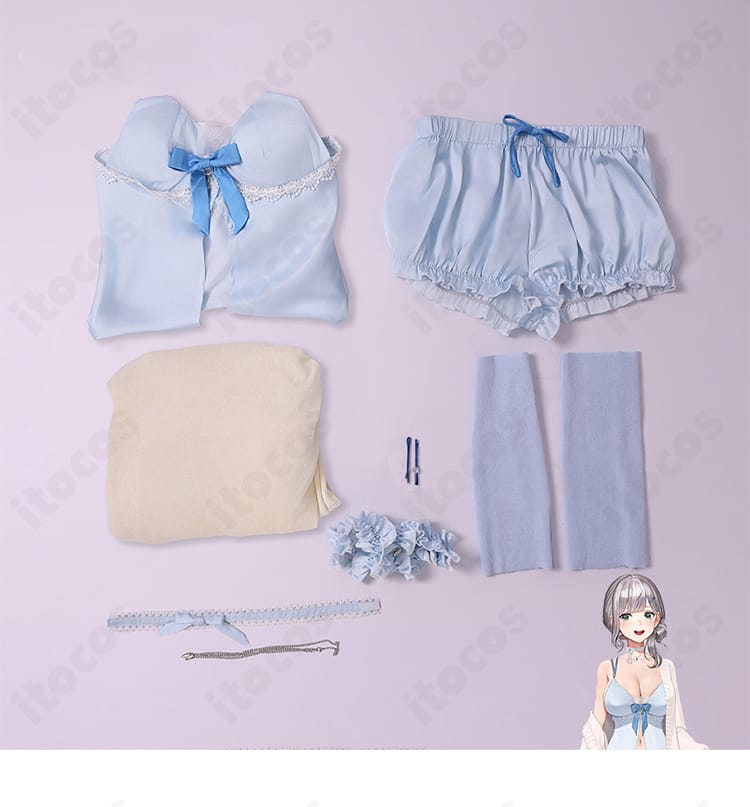 白銀ノエル 新衣装 コスプレ衣装のセット内容一覧。コート、トップス、ショートパンツ、太もも飾り、レッグカバー、チョーカー、髪飾りを明示。