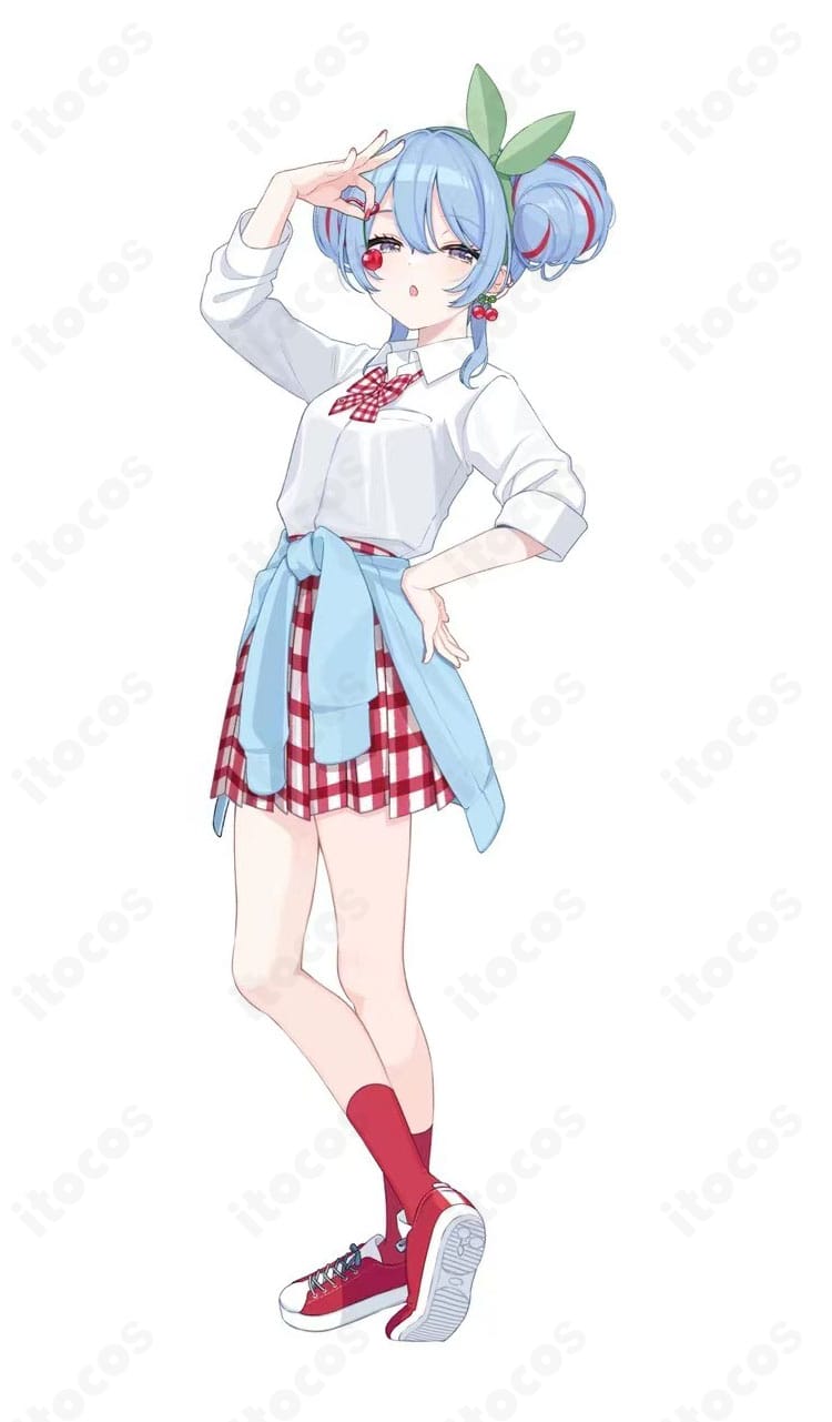 初音ミク チェリーポップ制服のフルコーデ正面全身。水色コートとシャツ・スカートの配色が分かる高再現コスプレ衣装
