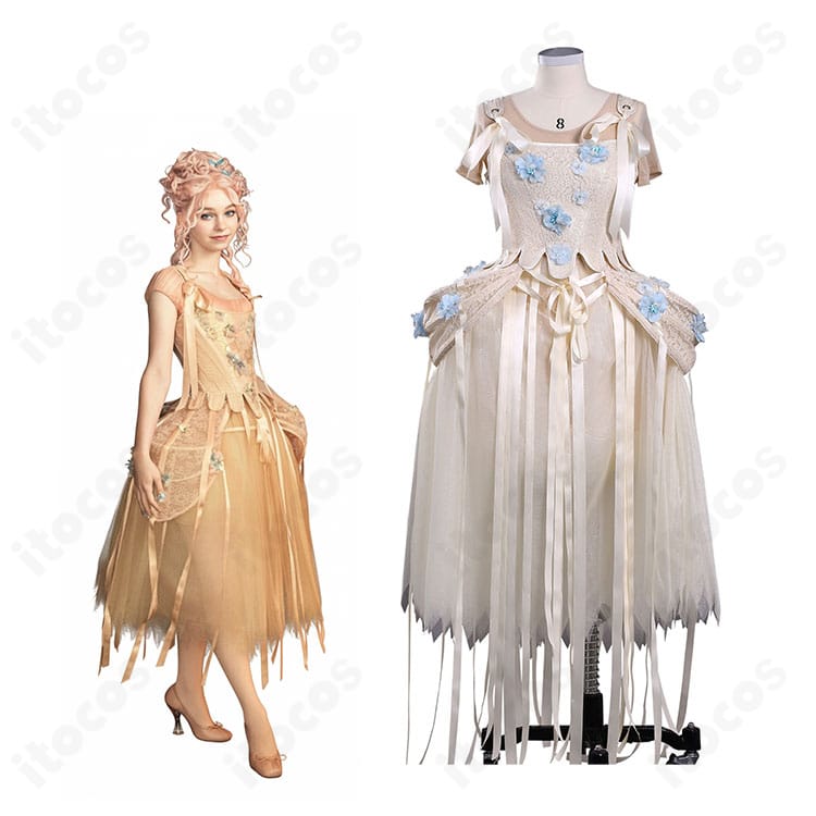 ウェンズデー イーニッド・シンクレア 狼族の少女ドレスのコスプレ衣装と公式ビジュアルの比較図。配色と花飾りの再現度が分かる1枚。