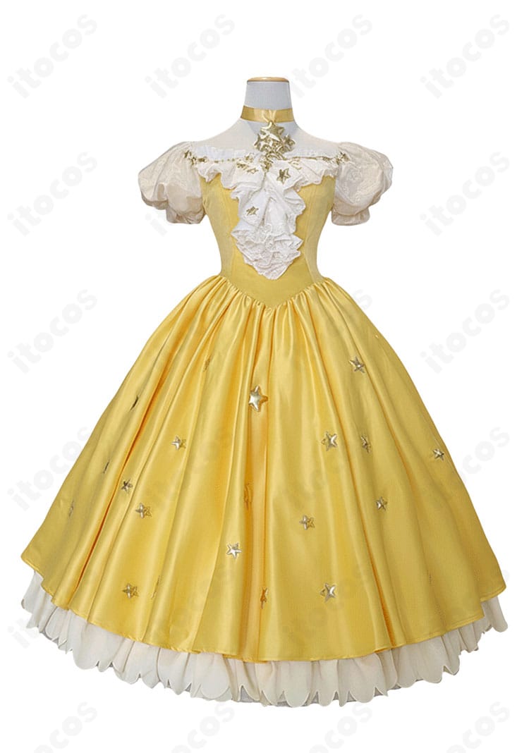 木之本桜 星のドレス コスプレ衣装の正面カット。胸元の星装飾とふんわり広がるフロントデザインが強調された画像。