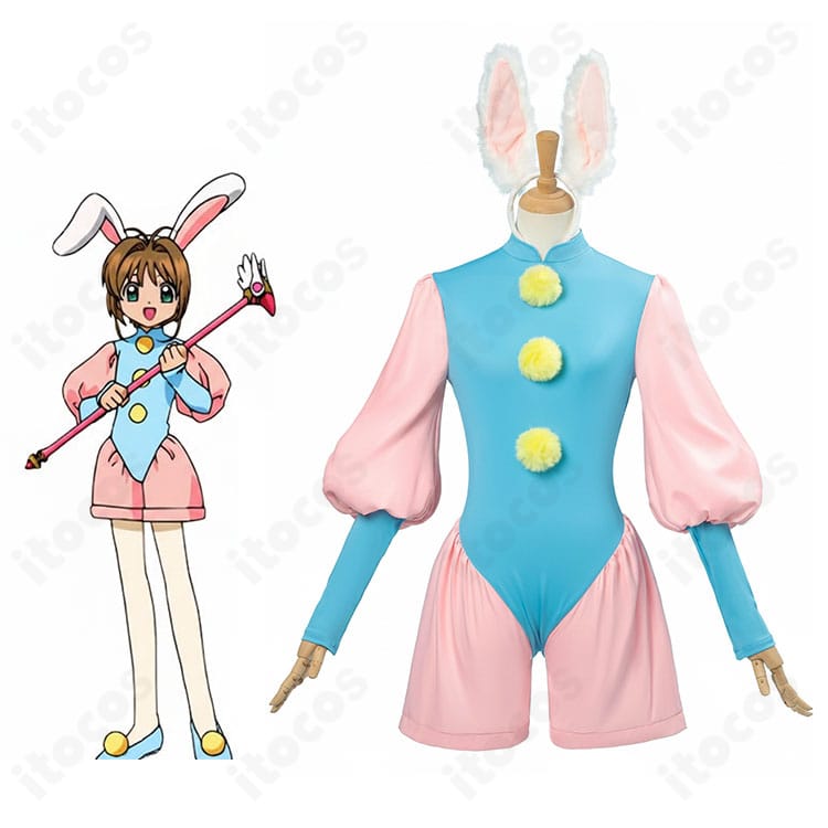 商品衣装と木之本桜を並べたイメージ。カードキャプターさくらのバトルコスチューム全体像と世界観を表現。