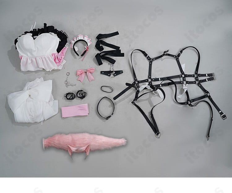 ホロライブ 博衣こより メイド コスプレ衣装のセット内容一式。ワンピースから小物までフルセットをレイアウト