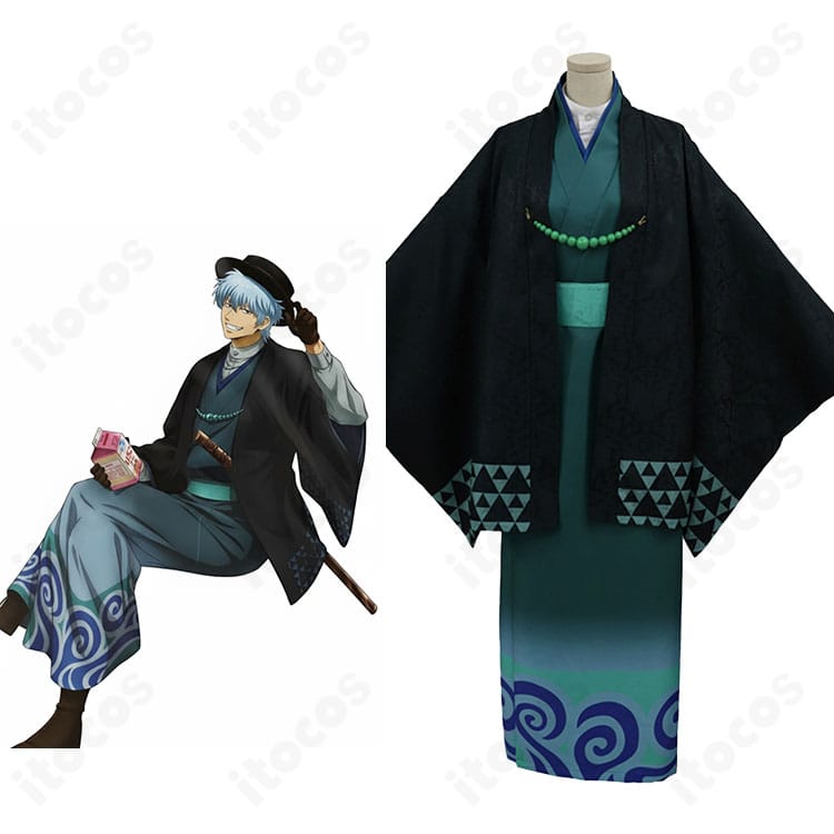 銀魂 坂田銀時の浴衣コスプレ衣装とキャラクターイメージ図。白地に藍色の渦模様と黒インナーで銀さんの普段着を高再現。