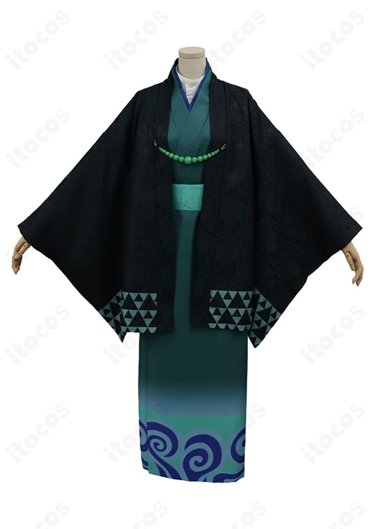 銀魂 坂田銀時 浴衣コスプレ衣装の正面全身写真。発色の良い渦模様と帯の結び風デザインがイベント向けに最適。