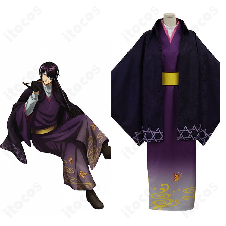 銀魂 高杉晋助の浴衣風コスプレ衣装と公式ビジュアル比較。着流しシルエットの忠実再現が分かるガイド画像