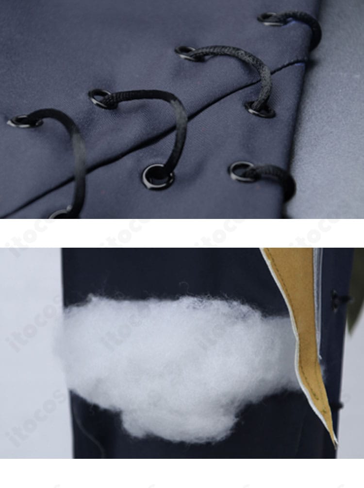 ズボンの紐とファー調装飾の近接｜質感差で立体感を演出