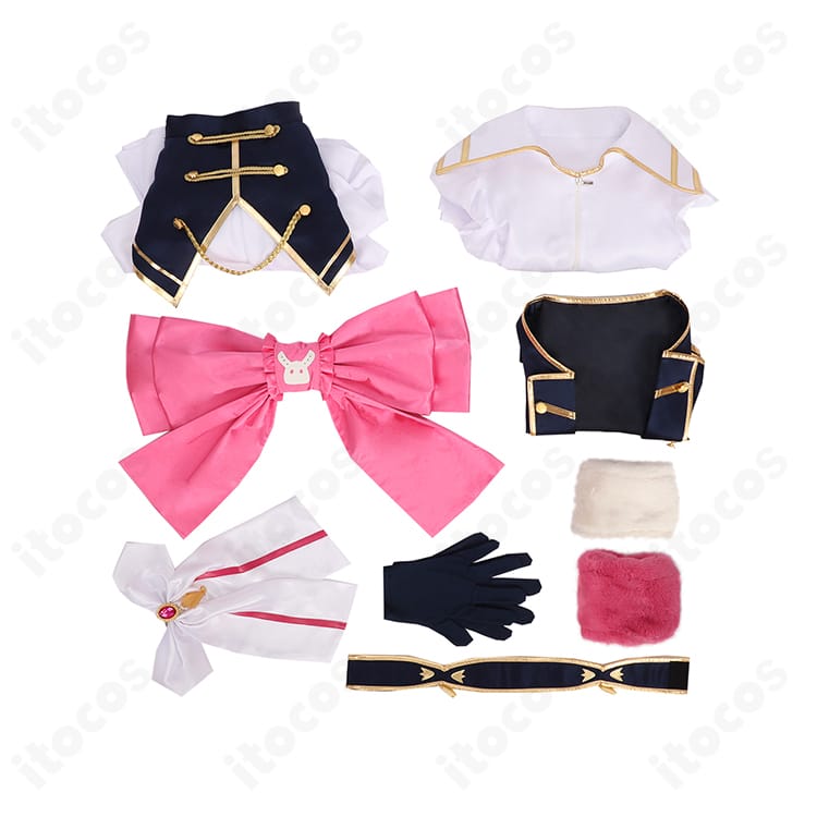 セット内容一式の展示写真。コート、トップス、スカート、背部蝶結び、手首飾り、スカーフ、手袋、太もも飾り