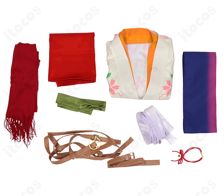 大妖怪×ローソン Nqrse コラボ衣装のセット内容展示。衣装本体・マフラー・えっちベルトの3点構成が一目でわかる。