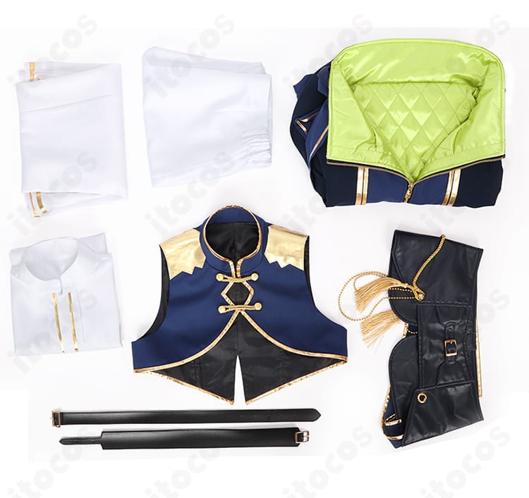 にじさんじ 伊波ライ コスプレ衣装のセット内容一式。コート・ベスト・シャツ・ズボン・腰布・太もも飾りを並べた画像。