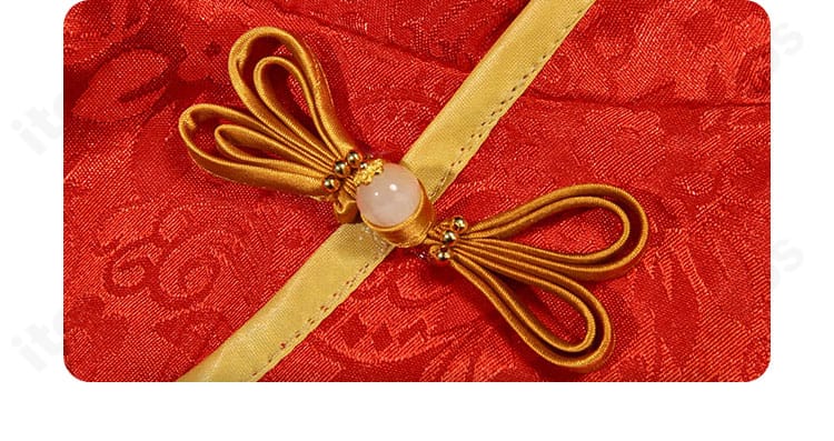 金色の闇 チャイナドレス 前襟とボタン装飾の近接。伝統的意匠を忠実に再現したポイント解説