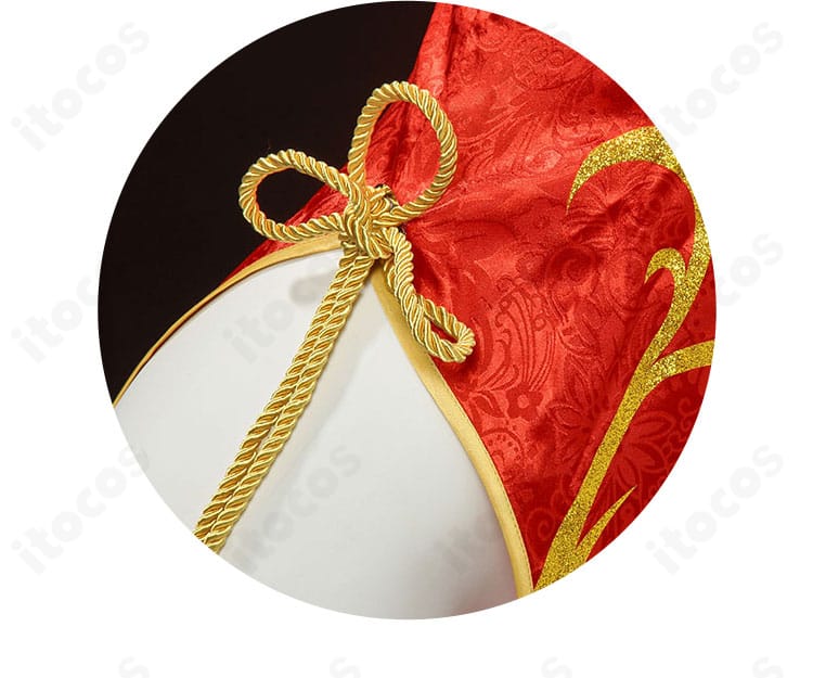 金色の闇 チャイナドレス 腰リボンと結び目装飾。立体的なフォルムと固定方法を示す写真