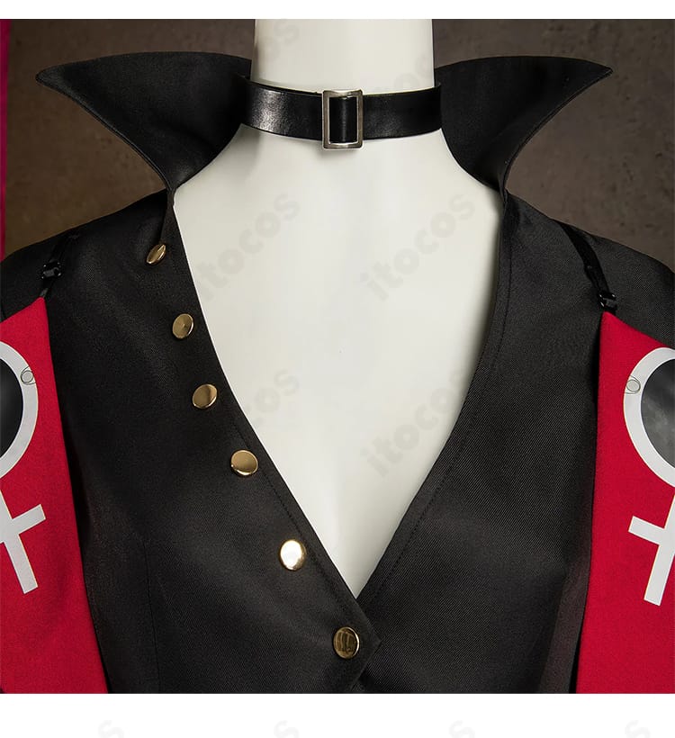 イノ衣装の襟元装飾ディテール。チョーカー周りの意匠を丁寧に表現したクローズアップ