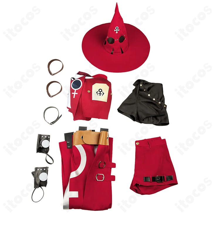 イノ コスプレ衣装フルセット内容の展示。コート・インナー・ショートパンツ・腰布・手袋・ベルト・チョーカー・アームバンド・帽子