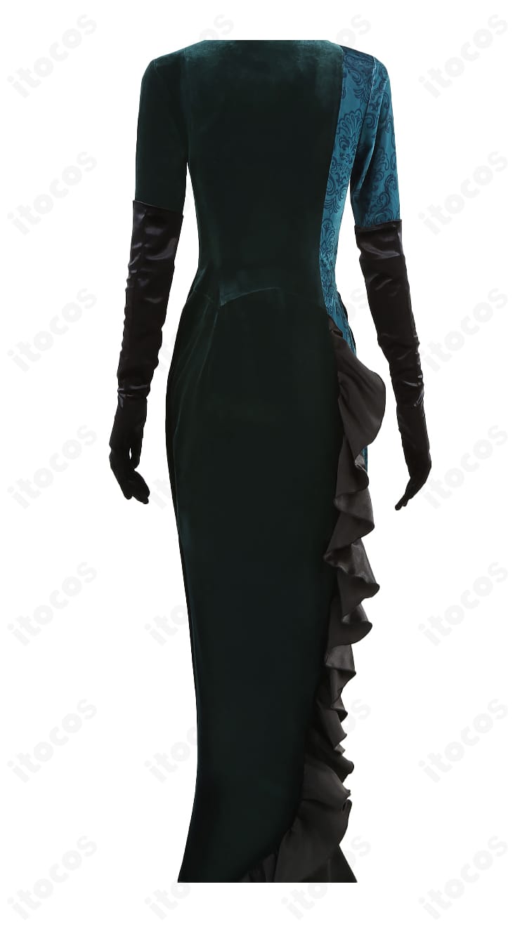 ジョルジーナ・リーチ コスプレ衣装の背面全体。バックスタイルと開閉仕様、裾のドレープを確認できる