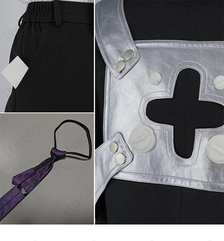 Dr.STONE ゼノ・ヒューストン・ウィングフィールド 白衣 外套の襟・裾装飾のアップ。エッジの仕上げとステッチを強調