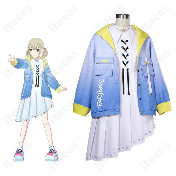 小豆沢こはねの星のドレス一式を着用した全身画像。華やかで幻想的な雰囲気とドレス＋コートのバランスが分かるカット。