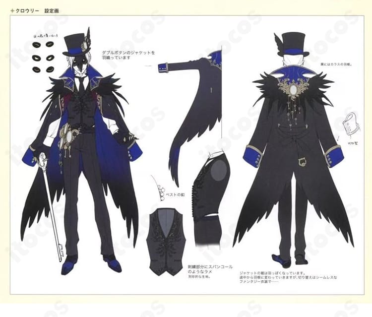 ツイステのディア・クロウリー学園長コスプレ衣装の装飾ディテール。帽子の羽根飾りと仮面、コート周りの意匠を忠実に再現したアップ画像