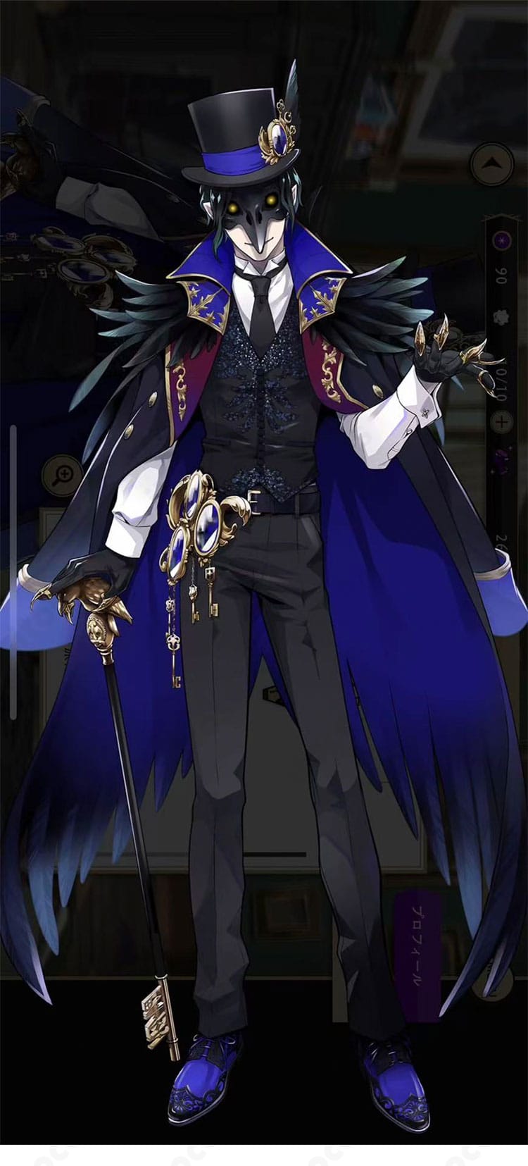 ディズニー ツイステッドワンダーランドのディア・クロウリー学園長コスプレ衣装を全身で撮影。帽子からロングコート、ベスト、シャツ、ズボン、手袋までのセット構成とシルエットが分かる画像