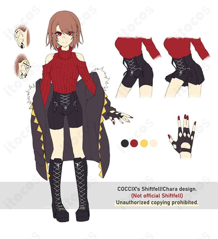 UNDERTALE Chara Storyfell 標準コートVer.の全身コスプレ衣装。コート・ショートパンツ・トップス・手袋のセットでクールな雰囲気を再現。