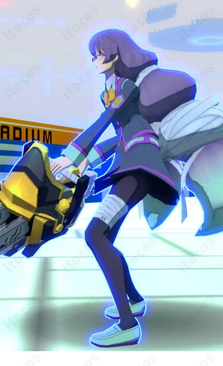 #コンパス 双挽乃保 制服コスプレ衣装の左側アングル。スカーフとスカートのディテールが確認できる構図。