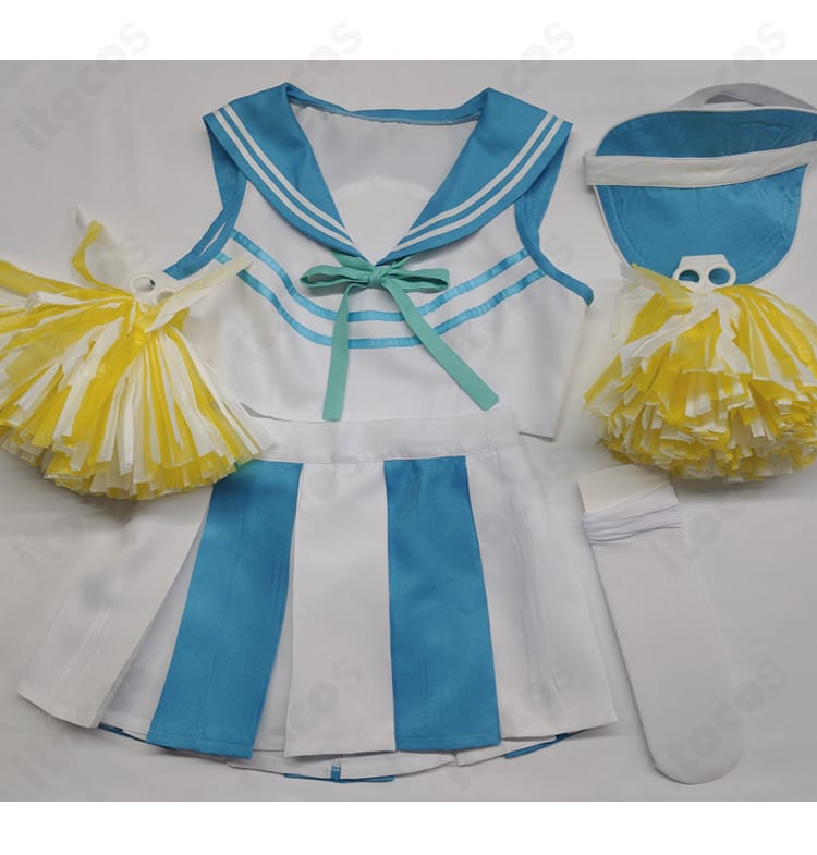 セット内容展示。トップス・スカート・帽子・手袋の4点が揃うチアガール衣装フルセット。