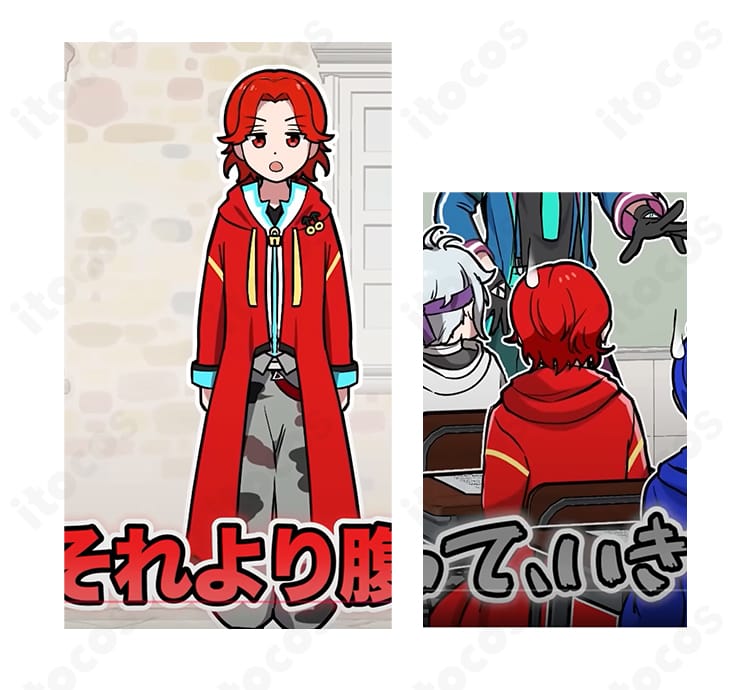 すまないスクール Mr.レッド コスプレ衣装の正面カット。コート、インナー、トップス、ズボン、ベルトの構成が分かる撮影会・イベント向けスタイル。