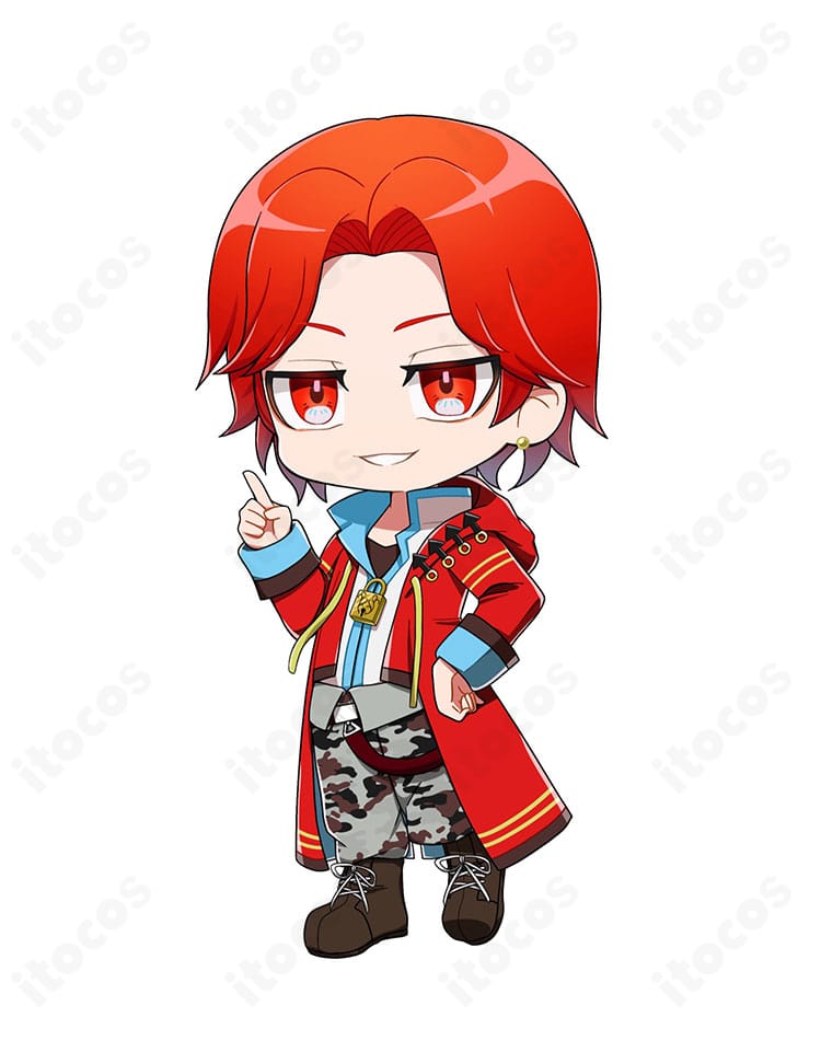 すまないスクール Mr.レッドのコスプレ衣装一式を着用した全身イメージ。ロングコートとパンツの直線的シルエットがクールに映えるオーダーメイド対応モデル。