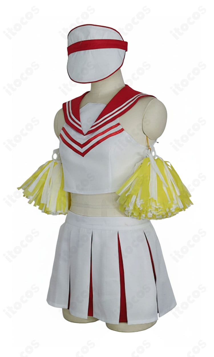 春原ココナ チアガール衣装の側面。腕上げしやすい立体パターンとスカートのライン、動きやすさを示すカット。