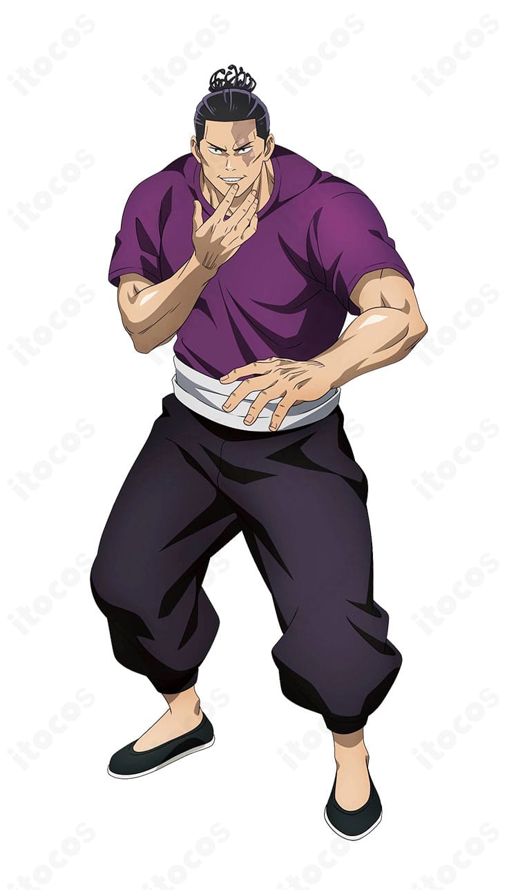 呪術廻戦 東堂葵 コスプレ短袖Tシャツとコートの正面ディテール。ネックラインの開き具合やボタン位置まで京都校制服の意匠を忠実に表現。