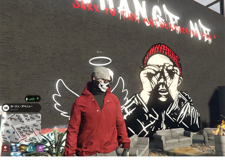 ギャングXVI コスプレ衣装の全身イメージ。赤×黒配色と天使の輪でクールなギャングスタイルを再現