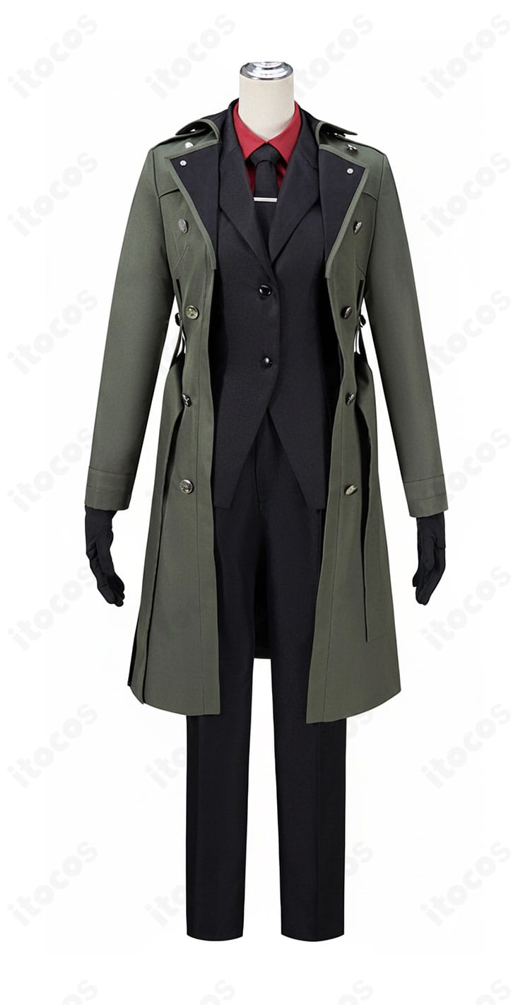 FGO バゼット コスプレ衣装の正面全体。トレンチコート＋赤シャツ＋ズボンの6点セット内容を確認できる画像。