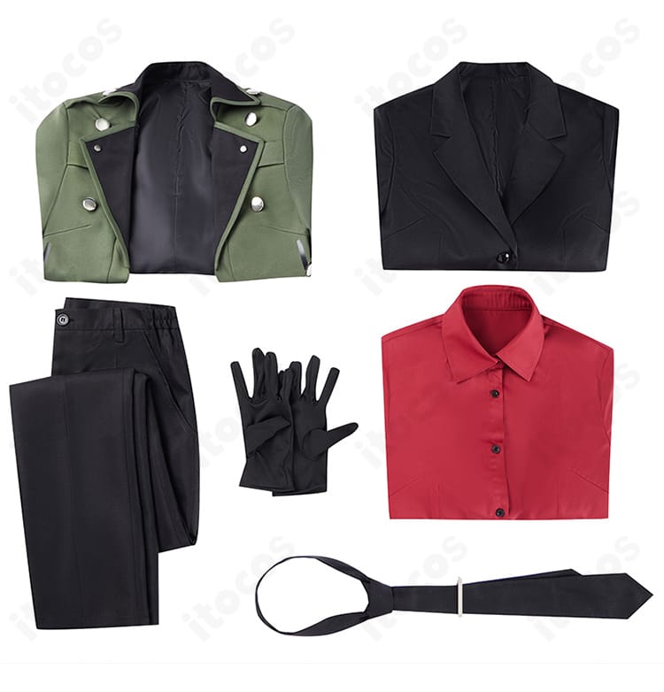 Fate/Grand Order バゼット コスプレ衣装一式のセット展示。トレンチコート・シャツ・ズボンなど6点セットを並べた確認画像。