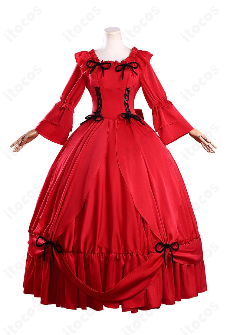 スカーレット・エル・ヴァンディミオン コスプレ衣装の正面全体。襟元の装飾と胸元のバランス、フレア裾のラインが分かる高品質ディテール。