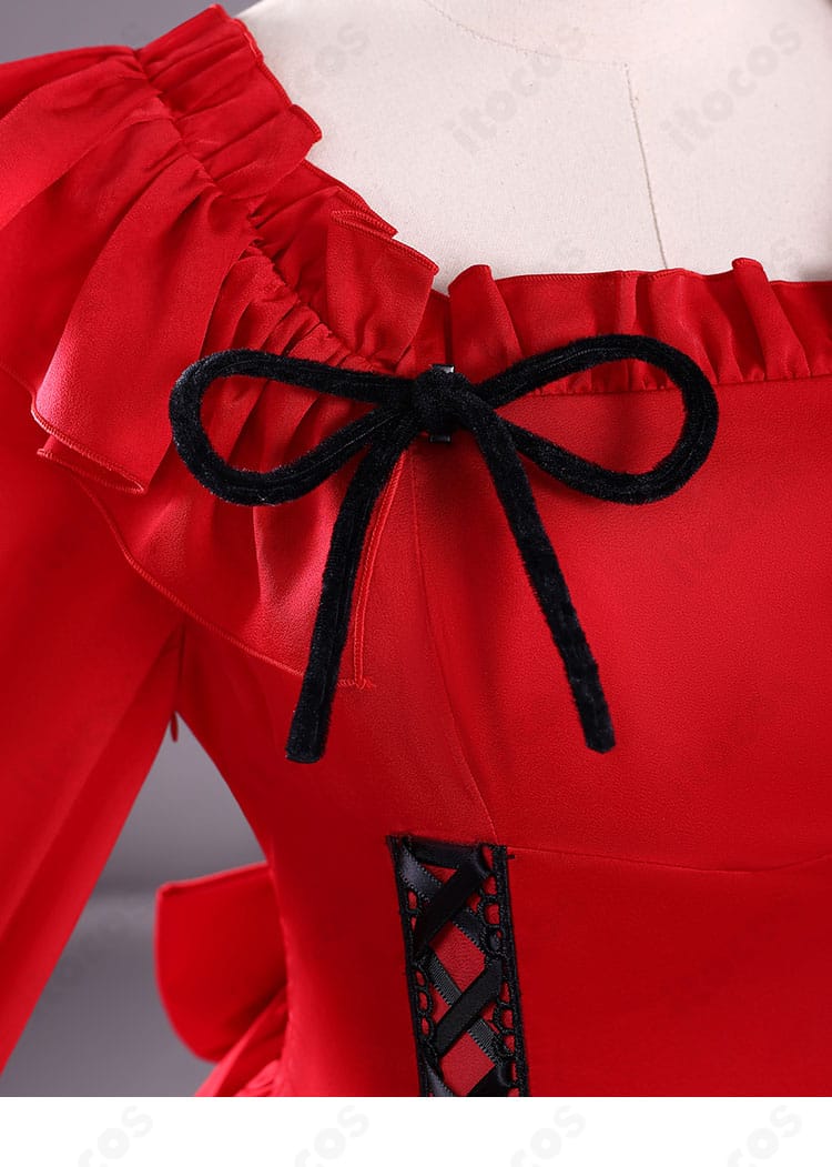 ネック部分のリボン装飾の細部。優雅な結びとアクセントがキャラクターらしさを強調。