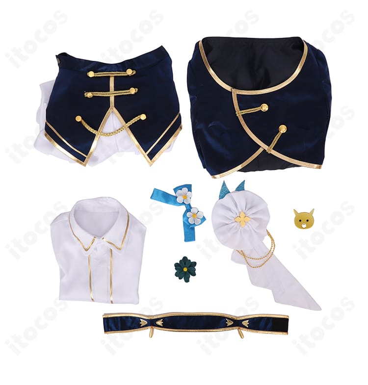 にじさんじ 町田ちま 共通衣装 セット内容。トップス、シャツ、スカート、胸飾り、髪飾り、太もも飾りのフルセット一式。