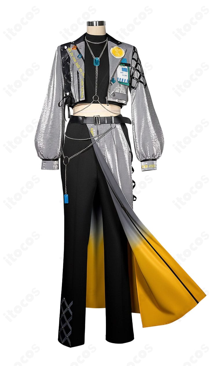 「Talk To Me」衣装 正面全体図。コート、インナー、ベルト、チェーンの配置とバランスがわかるカット