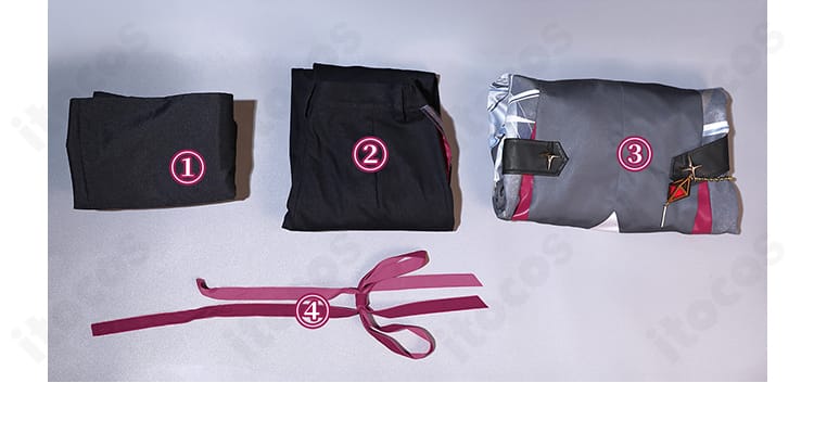 神代類 コスプレ衣装のセット内容一式。シャツ・コート・ズボン・リボンの4点フルセットをレイアウト表示。