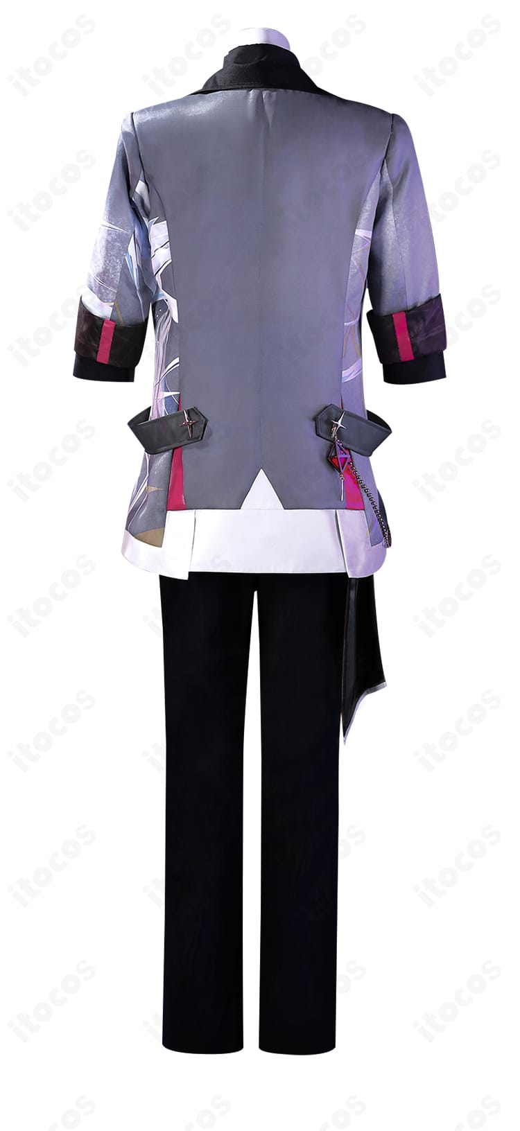 プロジェクトセカイ 神代類 コスプレ衣装の背面全体図。ロングコートのラインと装飾配置を丁寧に再現した後ろ姿。