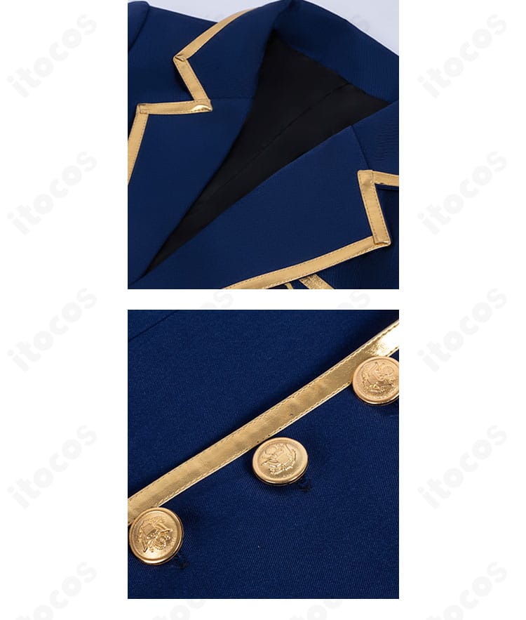 外套の襟元とボタン装飾のクローズアップ。端正なステッチと上品な仕立てが見える。